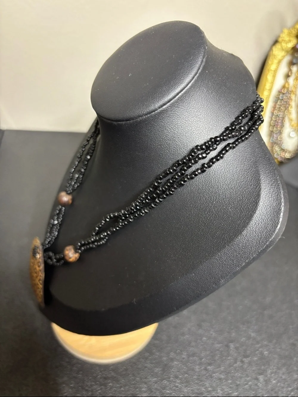 Carved Coconut Pendant Black Glass Bead Boho Necklace Resort
